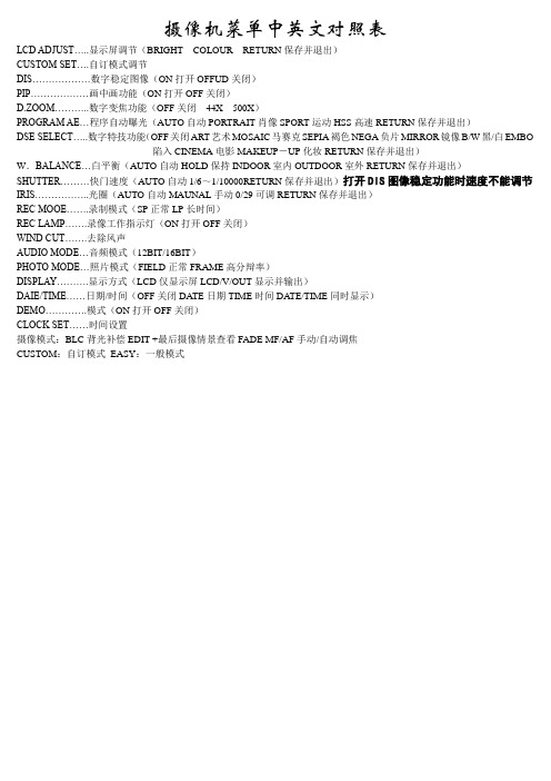 摄像机常用菜单中英文对照表