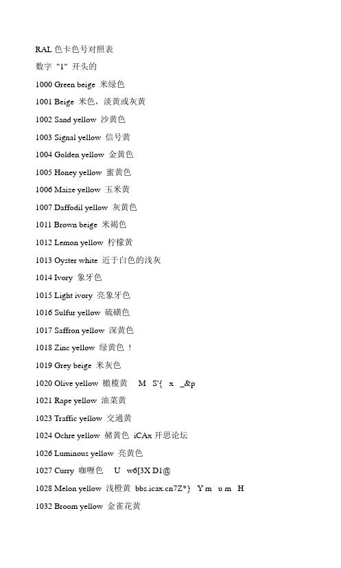 RAL色卡色号对照表