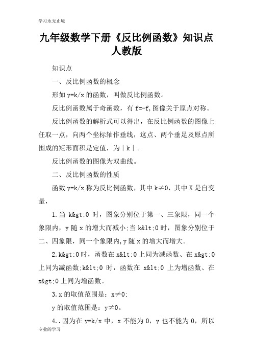 九年级数学下册《反比例函数》知识学习总结要点人教版