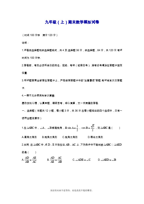 2019—2020年最新人教版九年级数学上册(第一学期)期末模拟检测题二及答案解析.docx