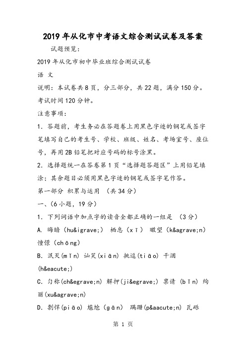 2019从化市中考语文综合测试试卷及答案语文