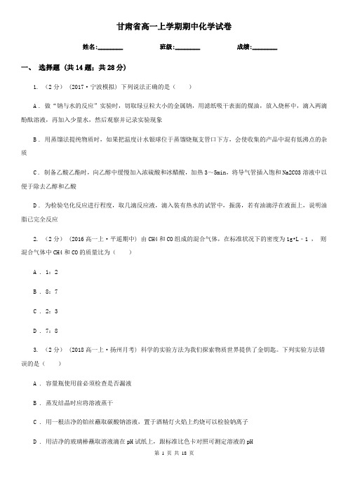 甘肃省高一上学期期中化学试卷