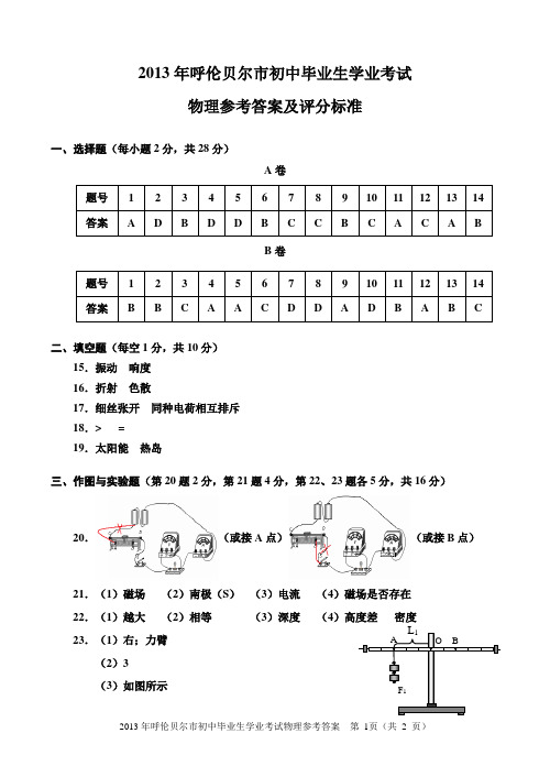 2013年物理参考答案