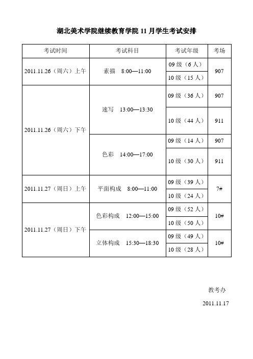 湖北美术学院继续教育学院11月学生考试安排