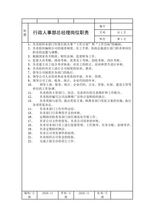 行政人事部岗位说明书
