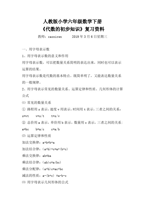 人教版小学六年级数学下册《代数初步知识》复习资料