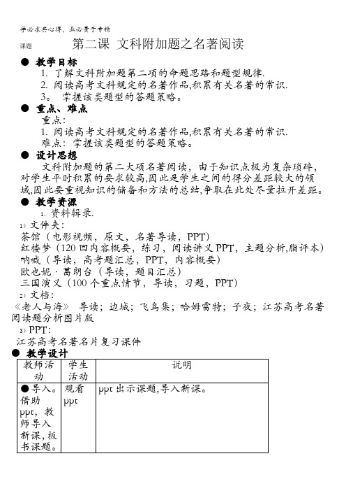 江苏省扬州市2016年高考语文一轮复习教案：第二课 文科附加题之名著阅读 含解析