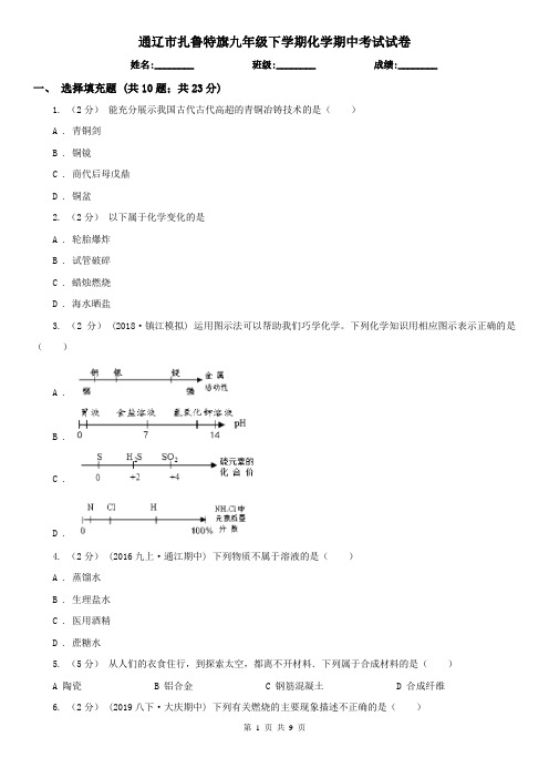 通辽市扎鲁特旗九年级下学期化学期中考试试卷