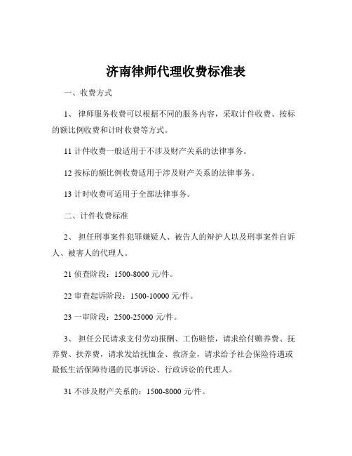 济南律师代理收费标准表