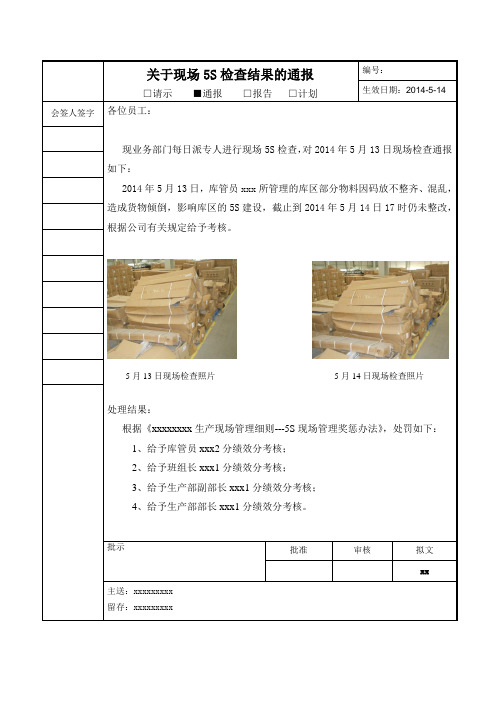 关于现场5S检查结果的通报