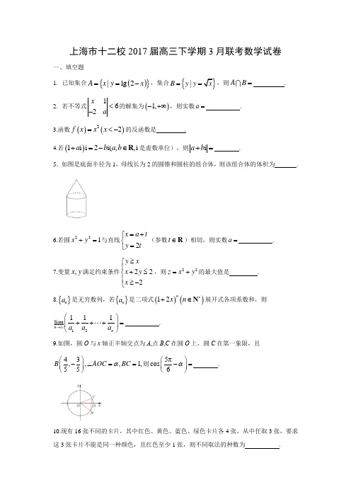 【数学】上海市十二校2017届高三下学期3月联考试卷