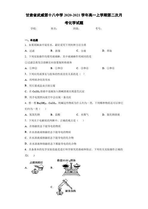 甘肃省武威第十八中学2020-2021学年高一上学期第二次月考化学试题