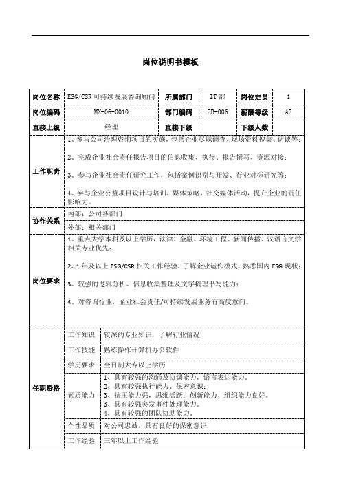 ESGCSR可持续发展咨询顾问岗位说明书工作说明书模板