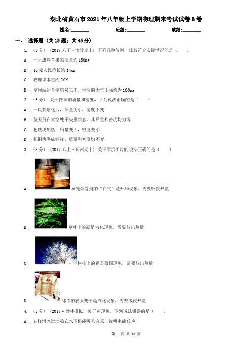 湖北省黄石市2021年八年级上学期物理期末考试试卷B卷