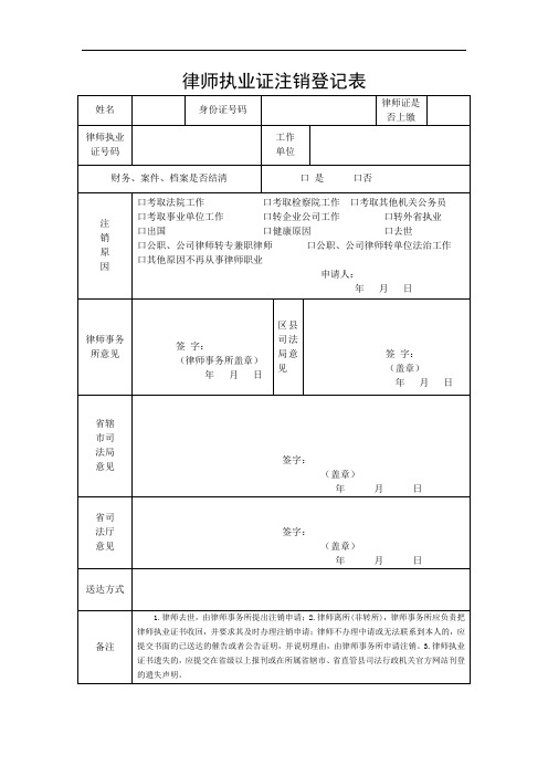 律师执业注销登记表(2020年河南省)