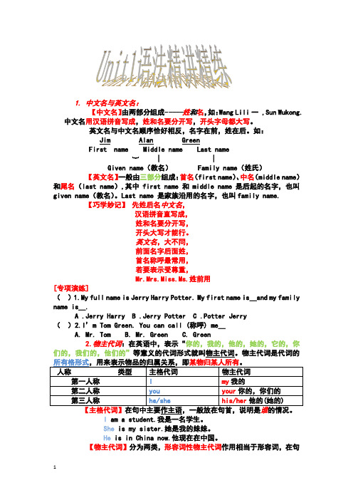 人教新目标七年级英语上册英语语法精讲精练与专项练习