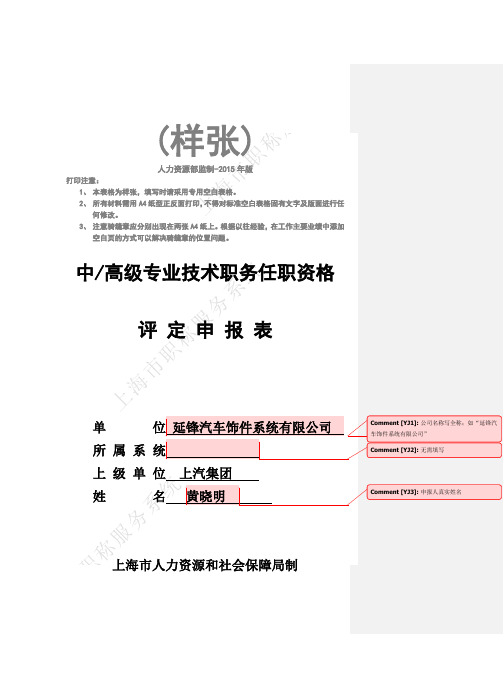 样张1：中级专业技术职务任职资格评定申报表