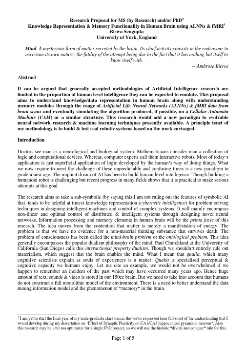 Research Proposal for MS (by Research) andor PhD a Knowledge Representation & Memory Functi
