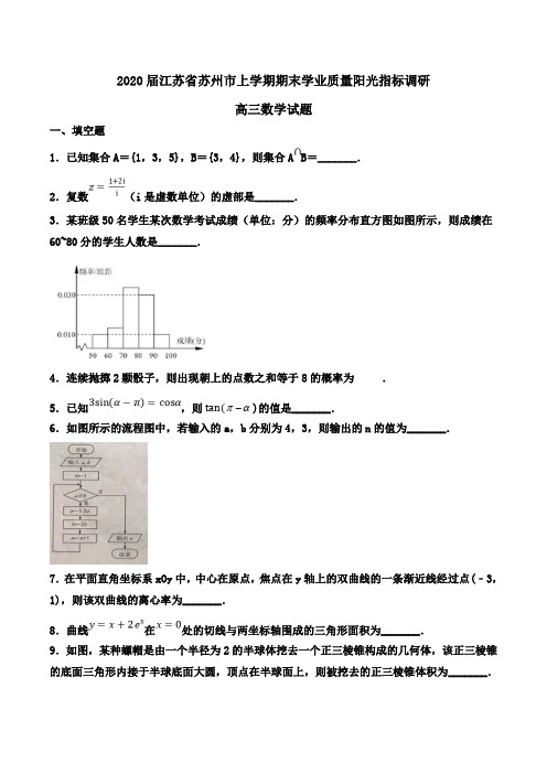 2020届江苏省苏州市高三上学期期末学业质量阳光指标调研数学试题word版含解析