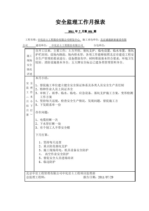 精品安全监理工作月报表