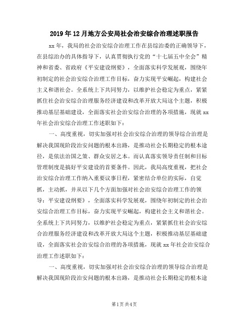 2019年12月地方公安局社会治安综合治理述职报告