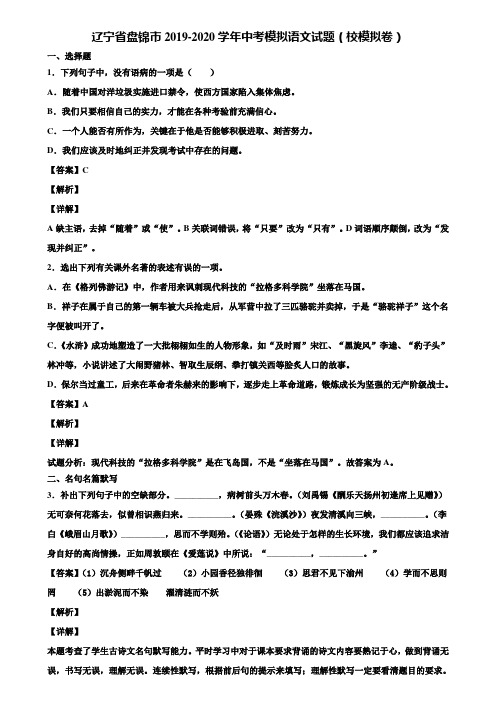 辽宁省盘锦市2019-2020学年中考模拟语文试题(校模拟卷)含解析