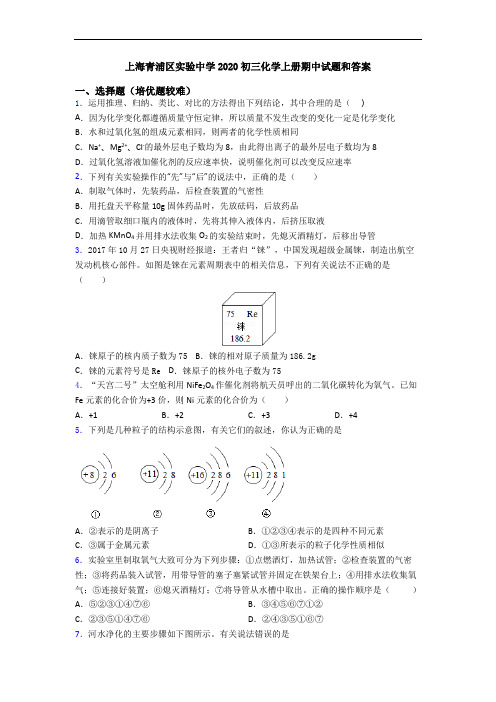 上海青浦区实验中学2020初三初三化学上册期中试题和答案