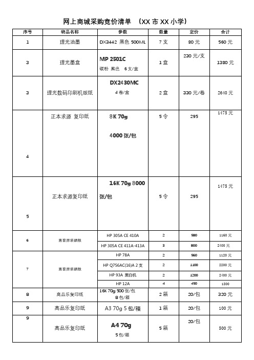 网上商城采购竞价清单(XX市XX小学)【模板】