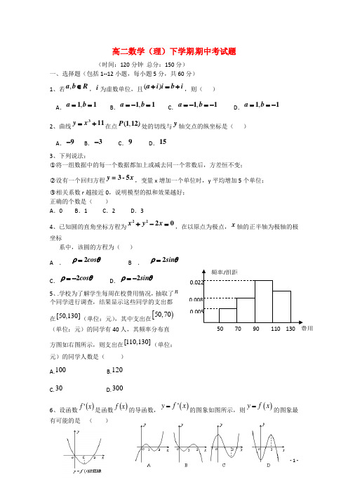 黑龙江省双鸭山一中高二数学下学期期中试题 理 