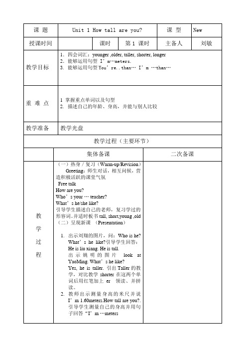 新版PEP小学英语六年级下第一单元备课 -