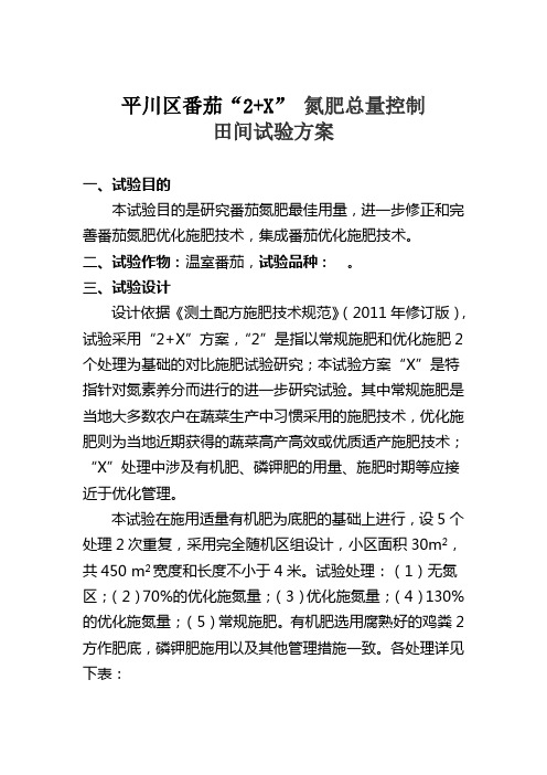番茄“2+X” 氮肥总量控制田间试验方案