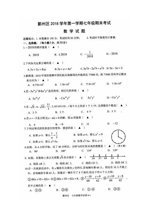 宁波市鄞州区2018学年第一学期七年级期末考试 数学(含答案)