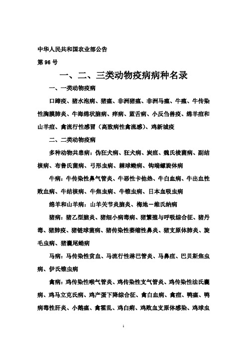 一、二、三类动物疫病病种名录