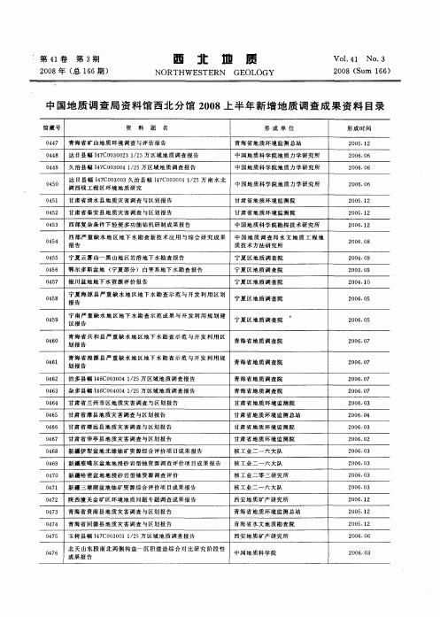 中国地质调查局资料馆西北分馆2008上半年新增地质调查成果资料目录