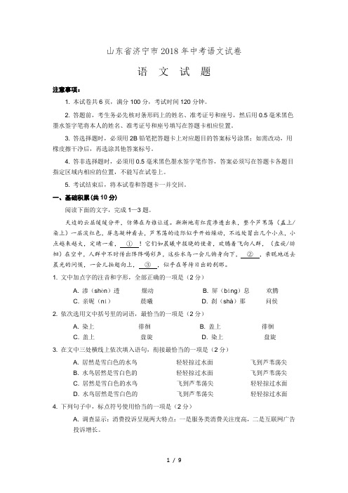 2018年山东省济宁市中考语文试卷真题word版含答案