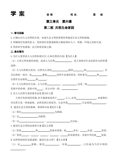 人教版道德与法治九年级上册学案：6.2 共筑生命家园