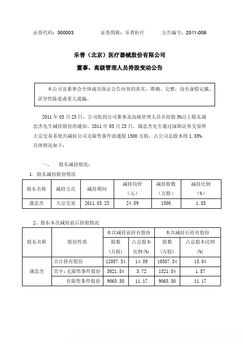 乐普医疗：董事、高级管理人员持股变动公告
 2011-03-25