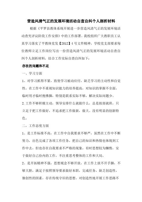 营造风清气正的发展环境活动自查自纠个人剖析材料
