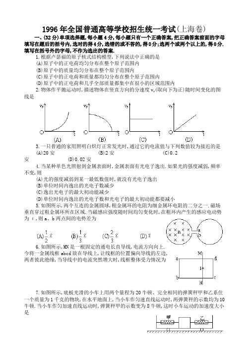 1996年全国普通高等学校招生统一考试(上海卷)