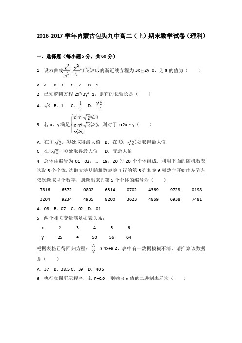 内蒙古包头九中2016-2017学年高二上学期期末数学试卷(理科)Word版含解析
