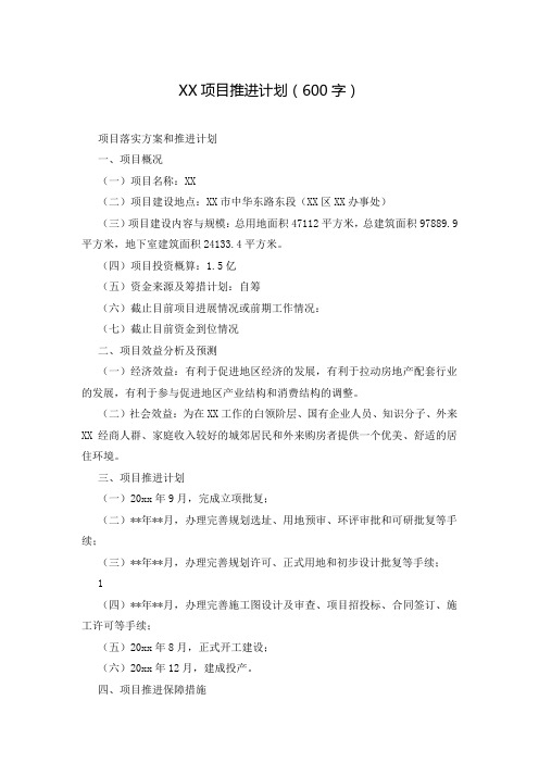 XX项目推进计划(600字)