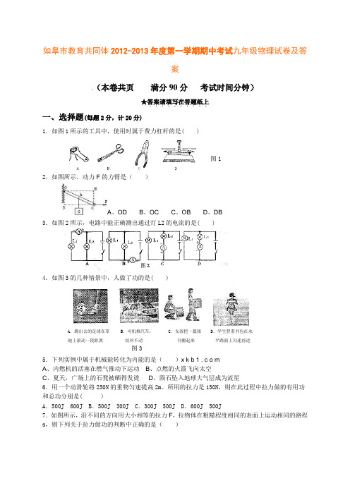 2012-2013年苏科版九年级物理期中试卷及答案