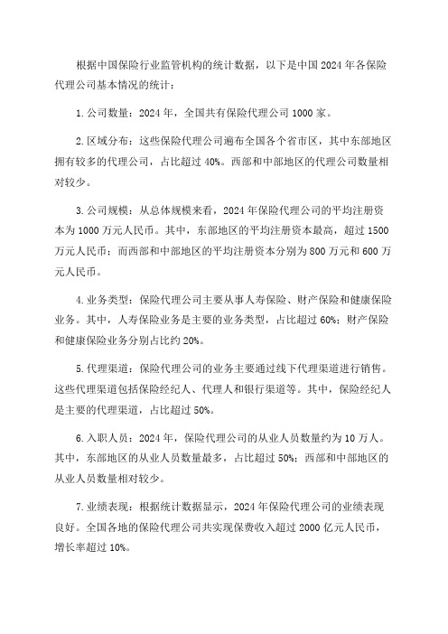 保险行业全国各省市区统计数据中国2024年各保险代理公司基本情况统计