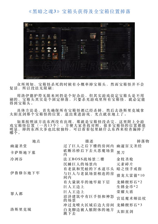 《黑暗之魂3》宝箱头获得及全宝箱位置掉落