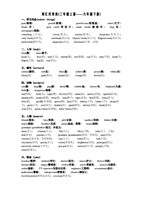 PEP全册词汇归类表(三-六年级)