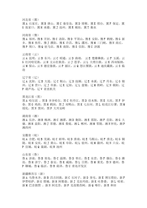 全国各地车牌字母代表城市