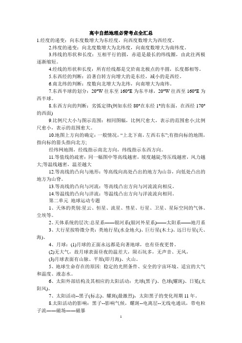2011年高考高中自然地理必背考点全汇总
