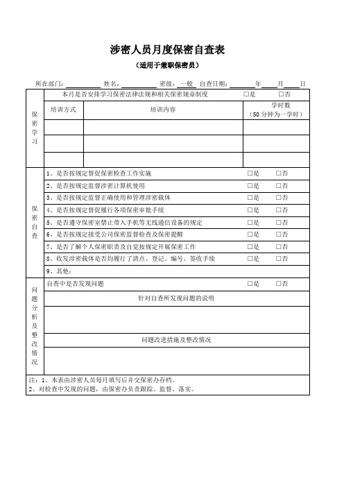 涉密人员月度保密自查表(兼职保密员)