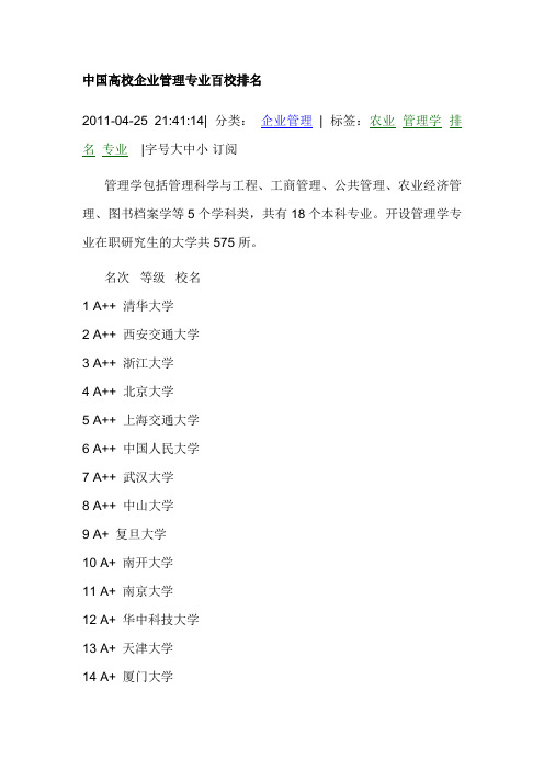 中国高校企业管理专业百校排名