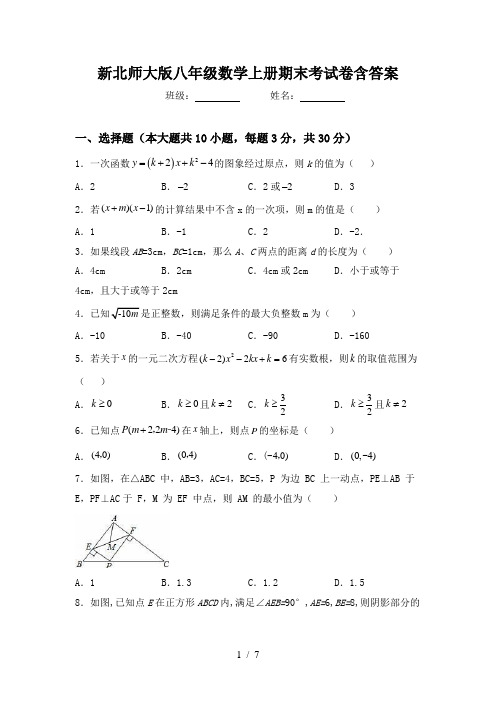 新北师大版八年级数学上册期末考试卷含答案